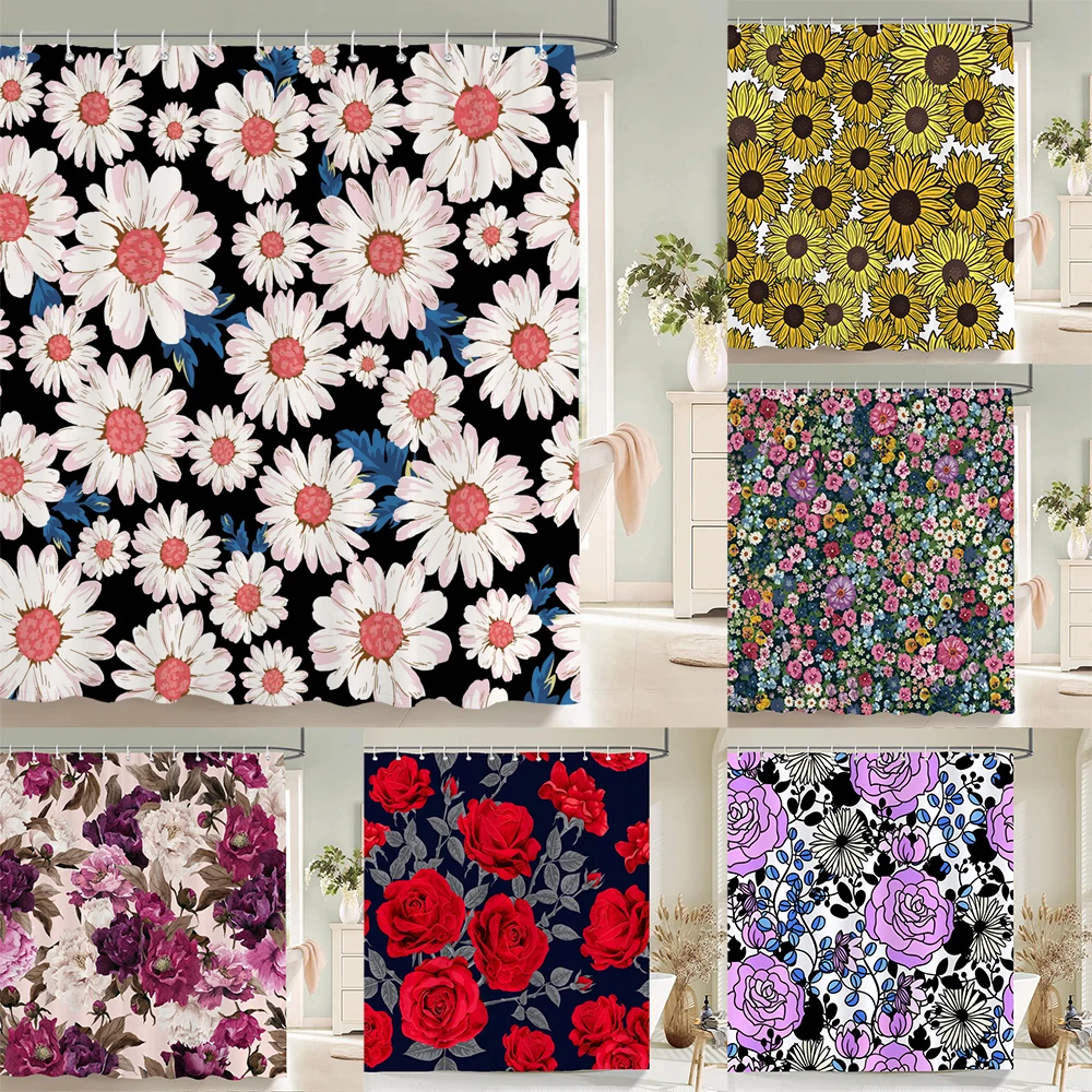 

European Retro Flower Printed 3d Bath Curtains Waterproof Polyester Fabric Washable Bathroom Shower Curtain Screen With Hooks