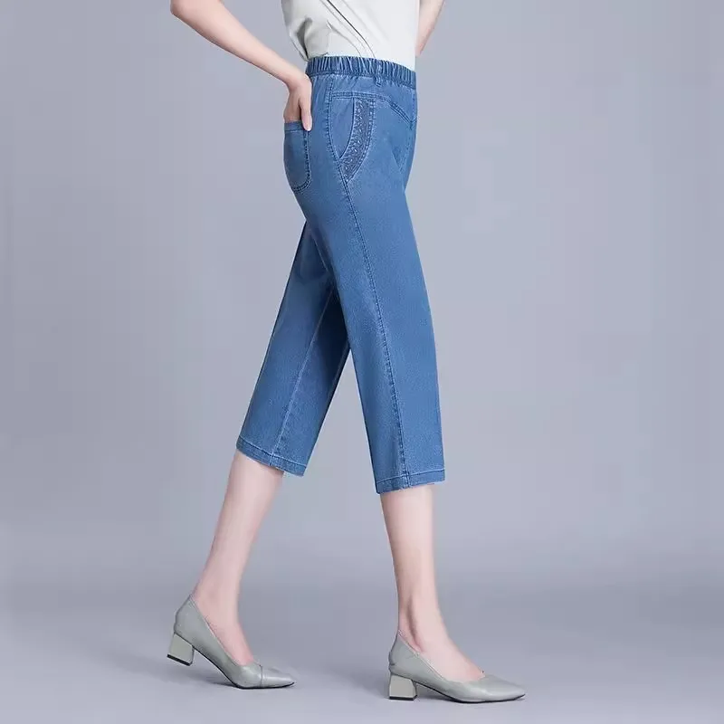 

Seven point Jeans Women's Summer Thin High waisted Elastic Cotton Straight leg Pants Elastic waist Female Denim Casual Pants