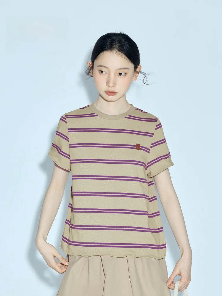 

Летняя женская полосатая футболка 2026 года, повседневный стиль, хлопок, короткий рукав, круглый вырез, топ Indicia Brand L2B6TX064, стандартный крой, на каждый день