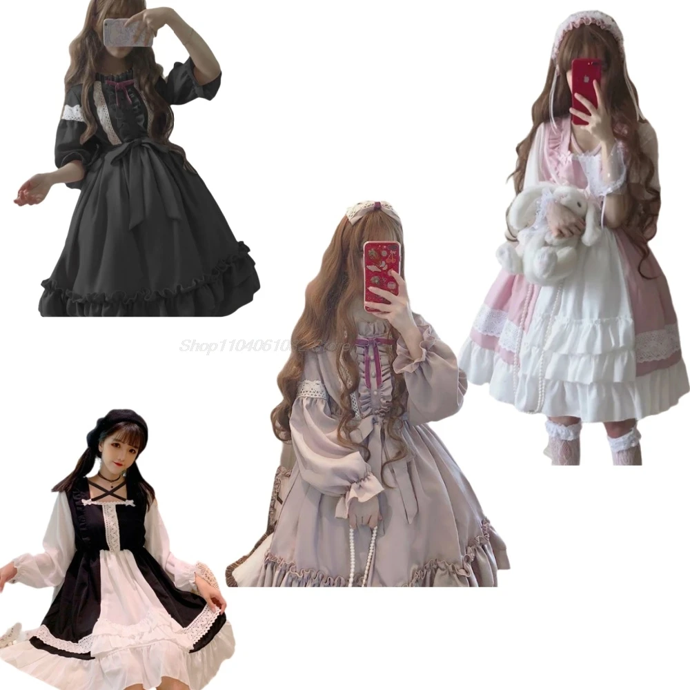 Alice in Wondeland süße Frauen Lolita Op Kleid Volant Spitzen besatz japanische Harajuku Langarm Puppe Teen Kleid Fee Vestidos