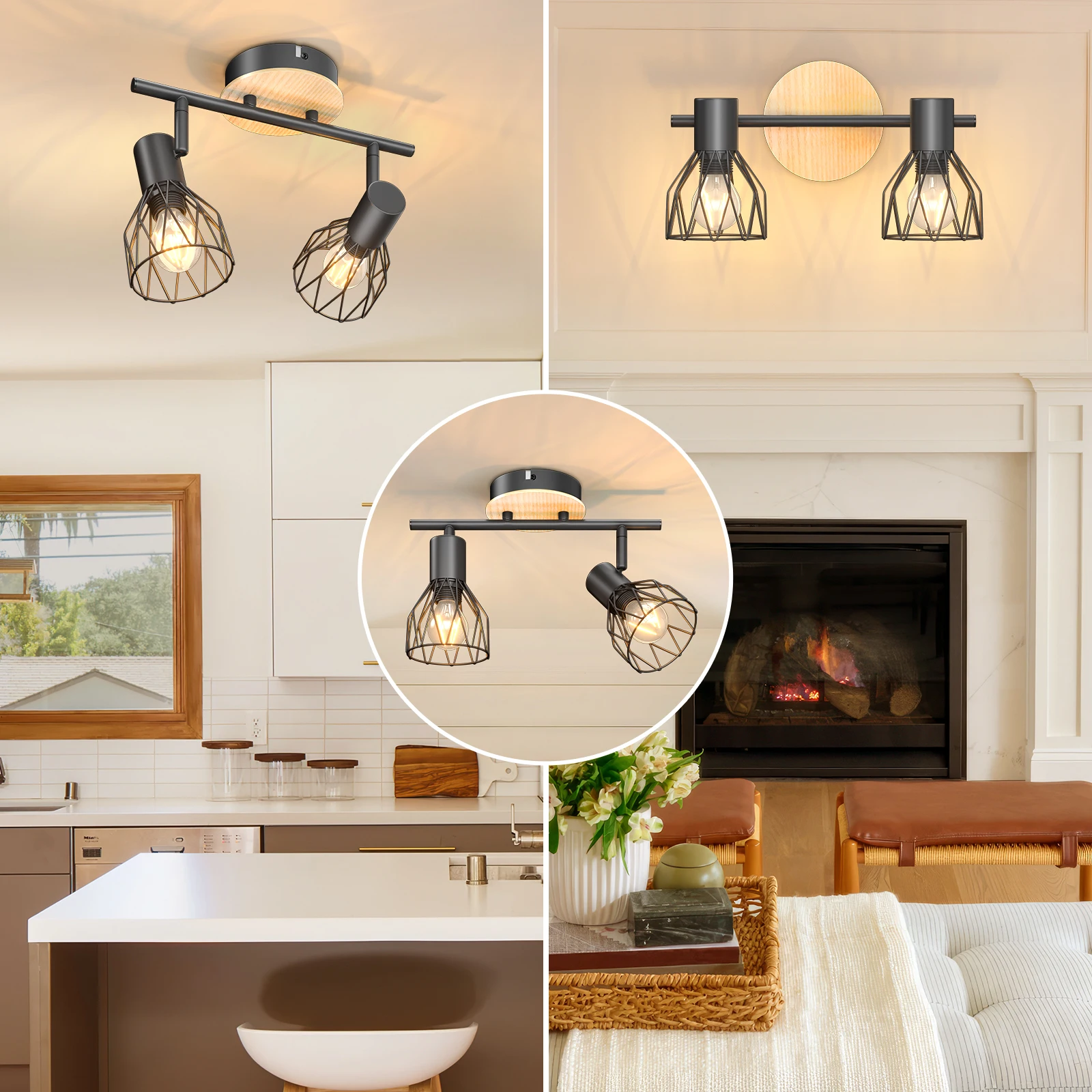 Kimjo E14 Spot Light Fittings 2 Way Ceiling Light - Rotatable Led Ceiling Light Industrial-Ceiling Wall Lights Wood No Bulbs