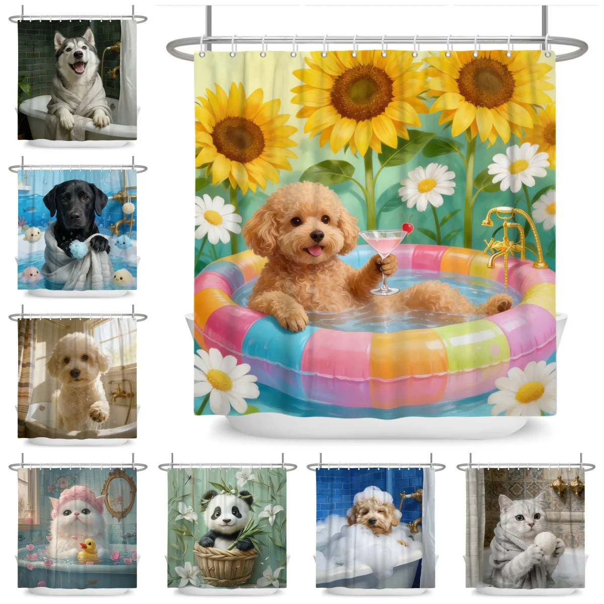 Cute Animals Pets Bathroom Shower Curtains Cat Dog Panda Giraffe Bathroom Decor Waterproof Curtain With Hooks Polyester Curtain