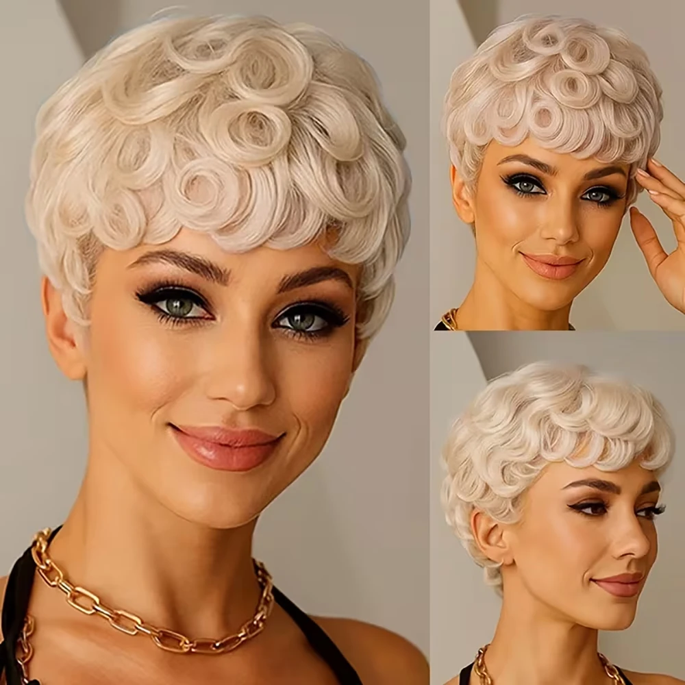Loira pixie corte peruca curto ovo encaracolado perucas 100% perucas de cabelo humano com franja pré arrancada para mulheres cabelo bazilian máquina feita boné
