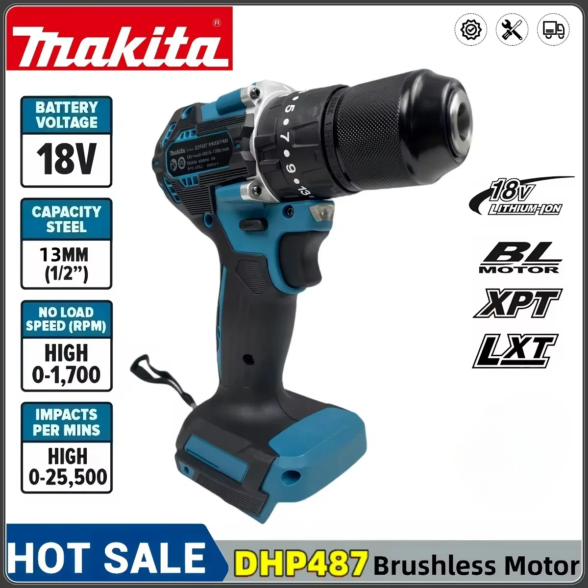 Makita-taladro eléctrico de 18v, destornillador, martillo, Motor sin escobillas, impacto, herramientas eléctricas de velocidad Variable, DHP487