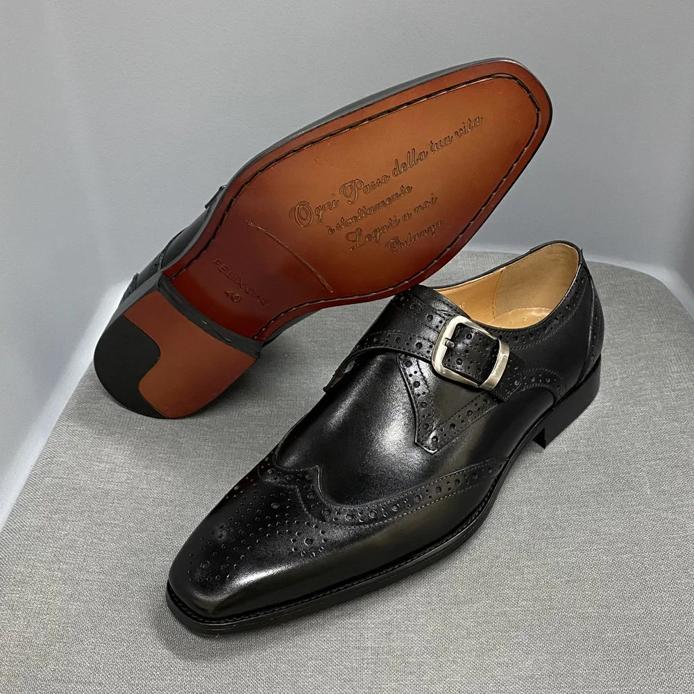 Men\'s Luxury Genuine Leather Wingtip Oxfords Italian Monk Strap Buckle Brogue Dress Shoes for Business Wedding Formal Wear