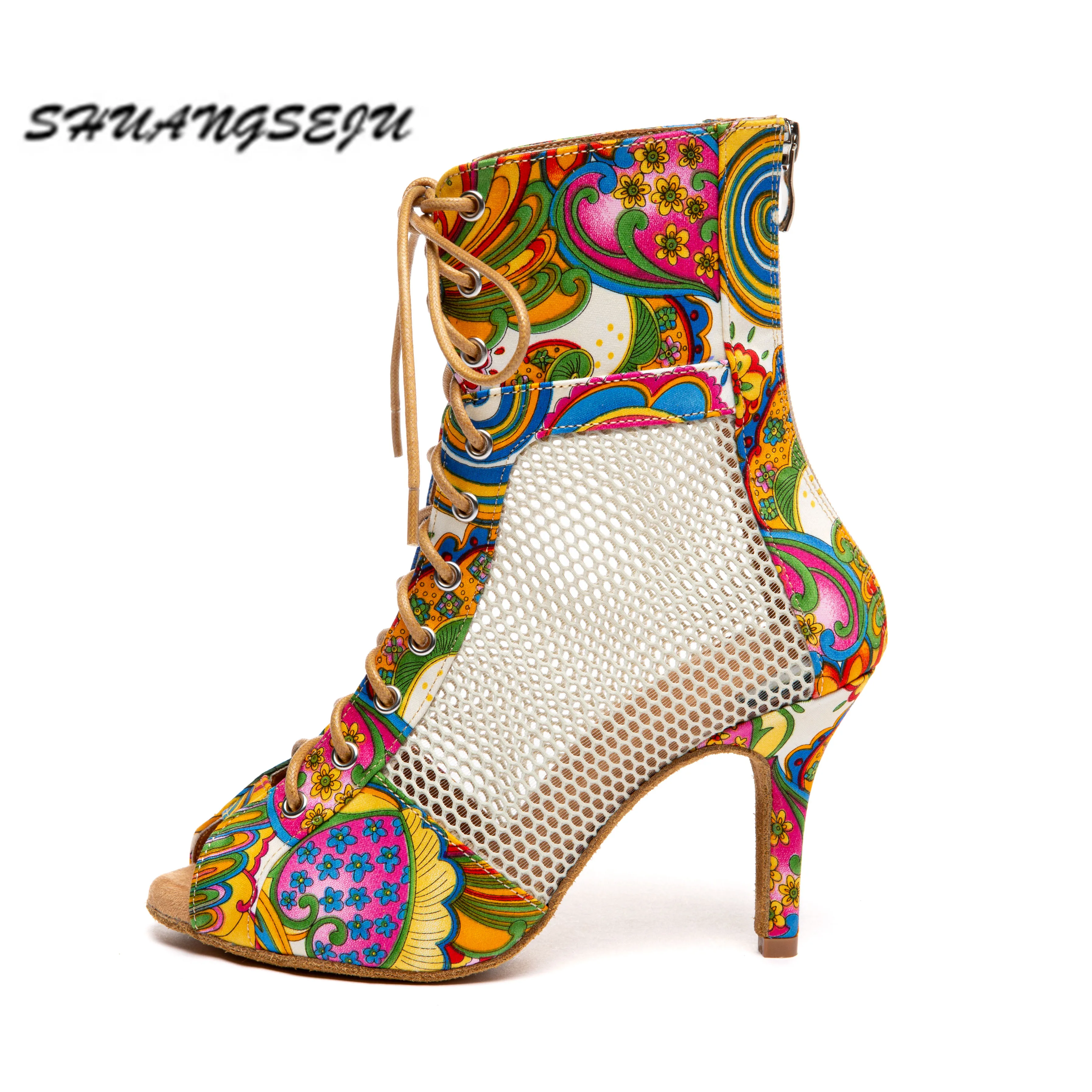 SHUANGSEJU 2026 Colorful printed women's Latin dance shoes, sexy mesh jazz high-top ankle boots, lace-up performance high heels