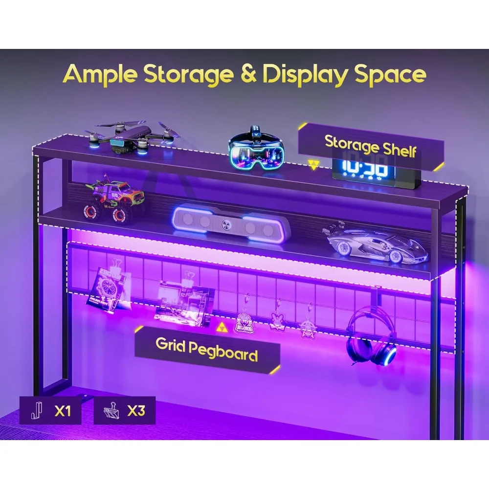 مكتب على شكل حرف L مقاس 59 بوصة مع 4 أدراج، مكتب ألعاب مع أضواء LED ومنافذ طاقة، مكتب كمبيوتر مع لوحة بيجبورد ولوحة مفاتيح T #4