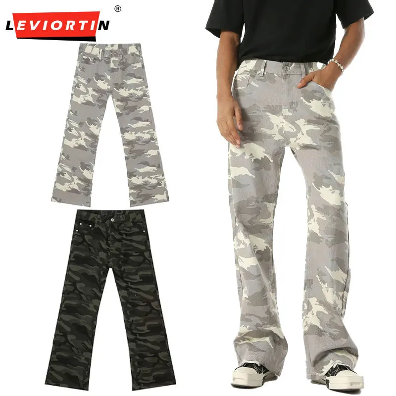 Men's Droopy Camo Flare Jeans Y2K Streetwear Slim Fit Tapered Cuff Denim Pants Camouflage Micro Horn Slim Fit Denim Trousers Man