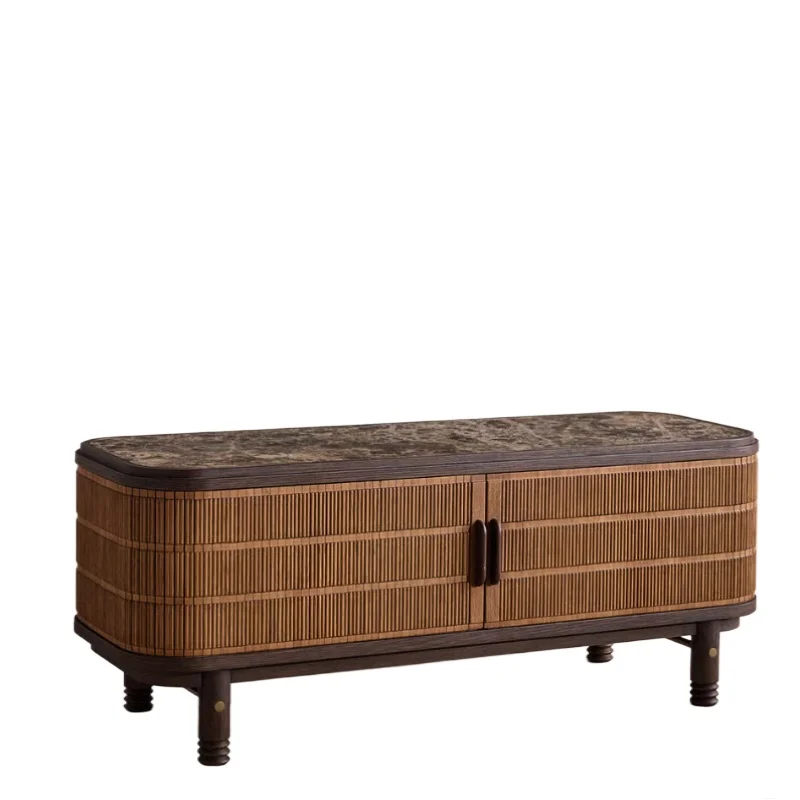 Vintage wood rattan side cabinets with marble countertops for storage and finishing in living rooms and apartments