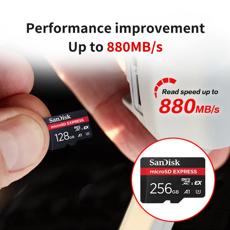 SanDisk microSD Express Card 128GB 256GB A2 5.3K NVMe TF Memory Card for Tablet UAV Switch 2 Max 880Mb/s Micro SD Card for Phone