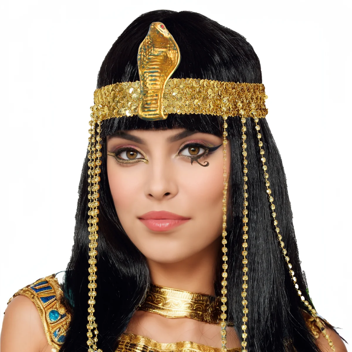 Fashionable Egyptian Queen Cleopatra Wig Short Straight Hair with Fringe Beads and Snake Headband For Women Cosplay Party