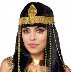 Peluca de reina egipcia Cleopatra para mujer, pelo corto y liso con cuentas de flecos y Diadema de serpiente, fiesta de Cosplay