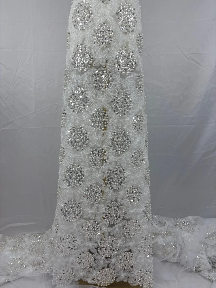 Luxury Sequins Lace Fabric High Quality French African Net Beaded Nigerian Embroidery for Wedding Party Decor