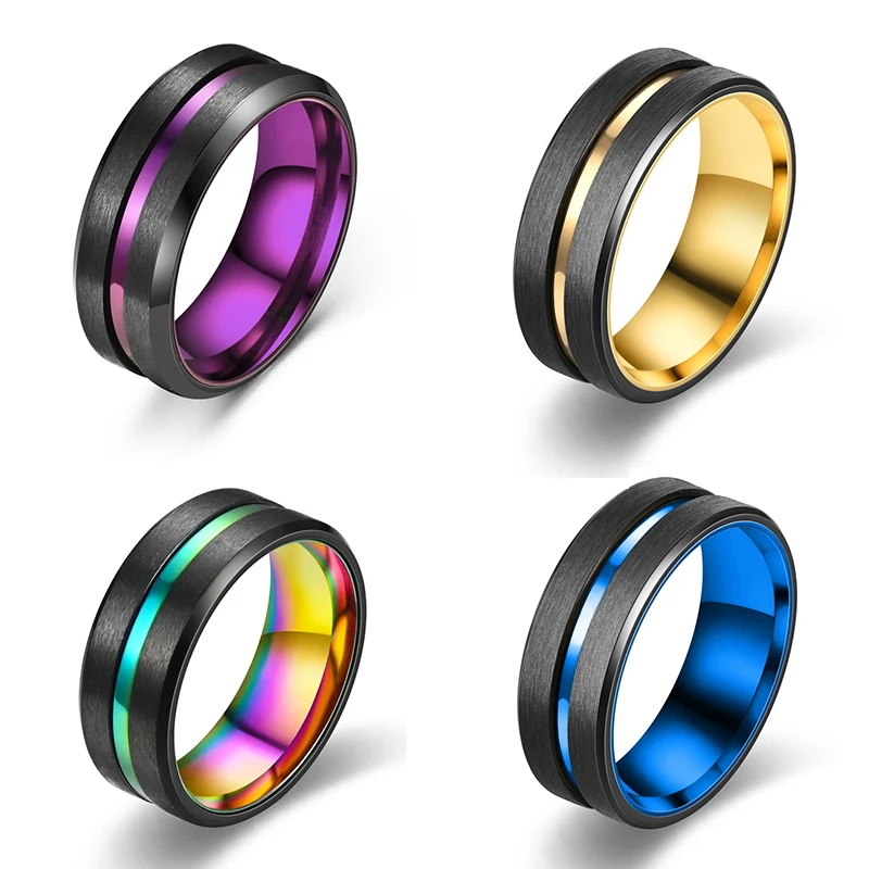 Fashion 8mm Men Purple Groove Stainless Steel Rings Black Brushed Beveled Edge Thick Ring for Male Women Anniversary Jewelry