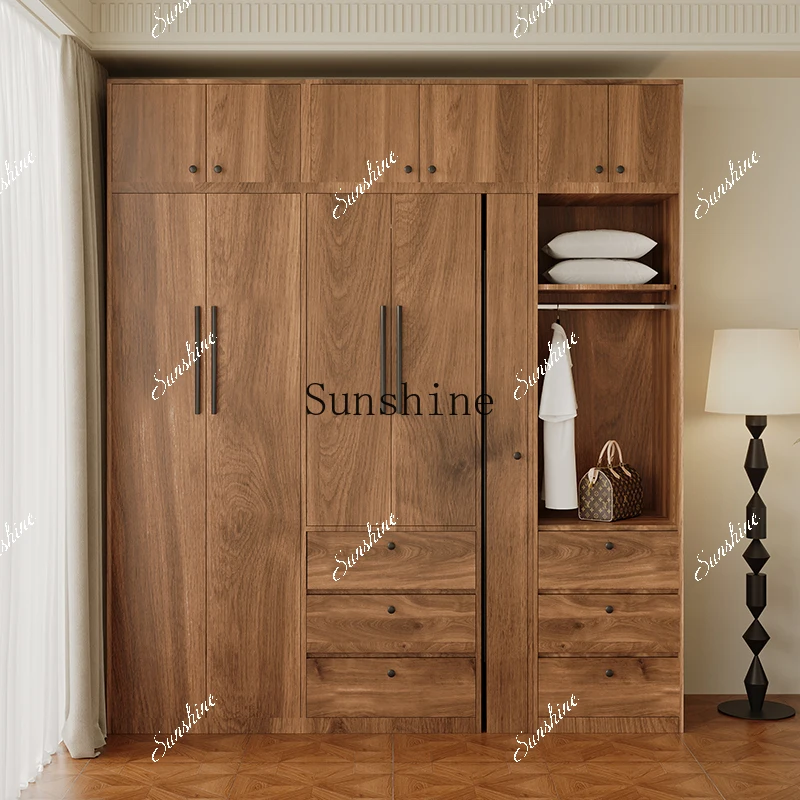 Simple new Chinese solid wood wardrobe large capacity bedroom with mirror facing the door  FT