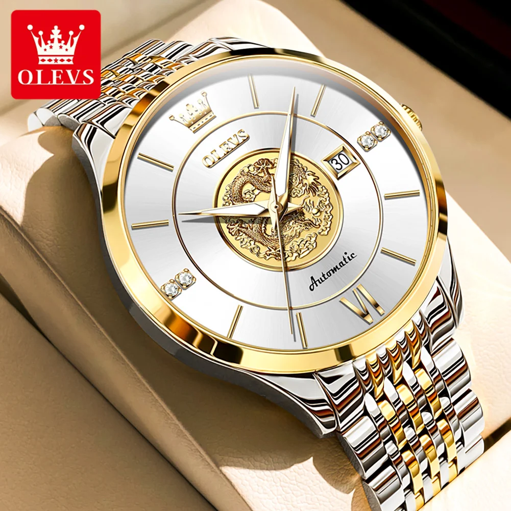 OLEVS 6693 Men's Watches 3D Gold Dragon Luxury Automatic Mechanical Watch for Men 42.5mm Big Dial Dress Men's Wristwatches