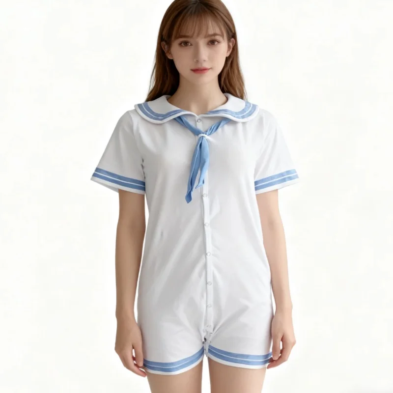 White Blue Sailor Romper With Snaps Soft Comfortable Onesie ABDL Adult Bodysuit Unisex Pajamas Couple Jumpsuit Home Playsuits view 3