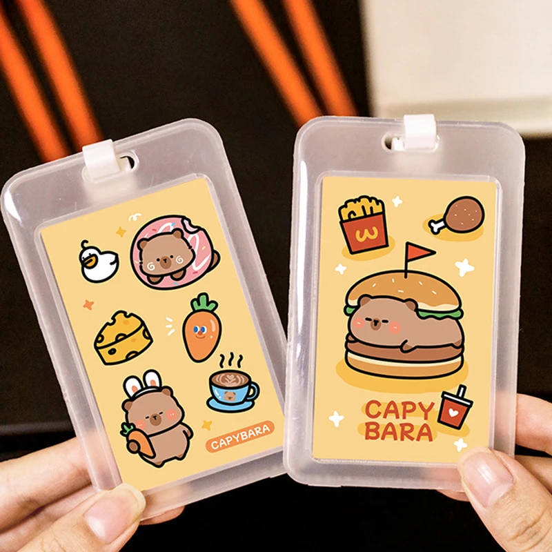 1 piece of Capibala card holder, student transparent campus card protection cover, cartoon capybara with hanging rope, ID holder
