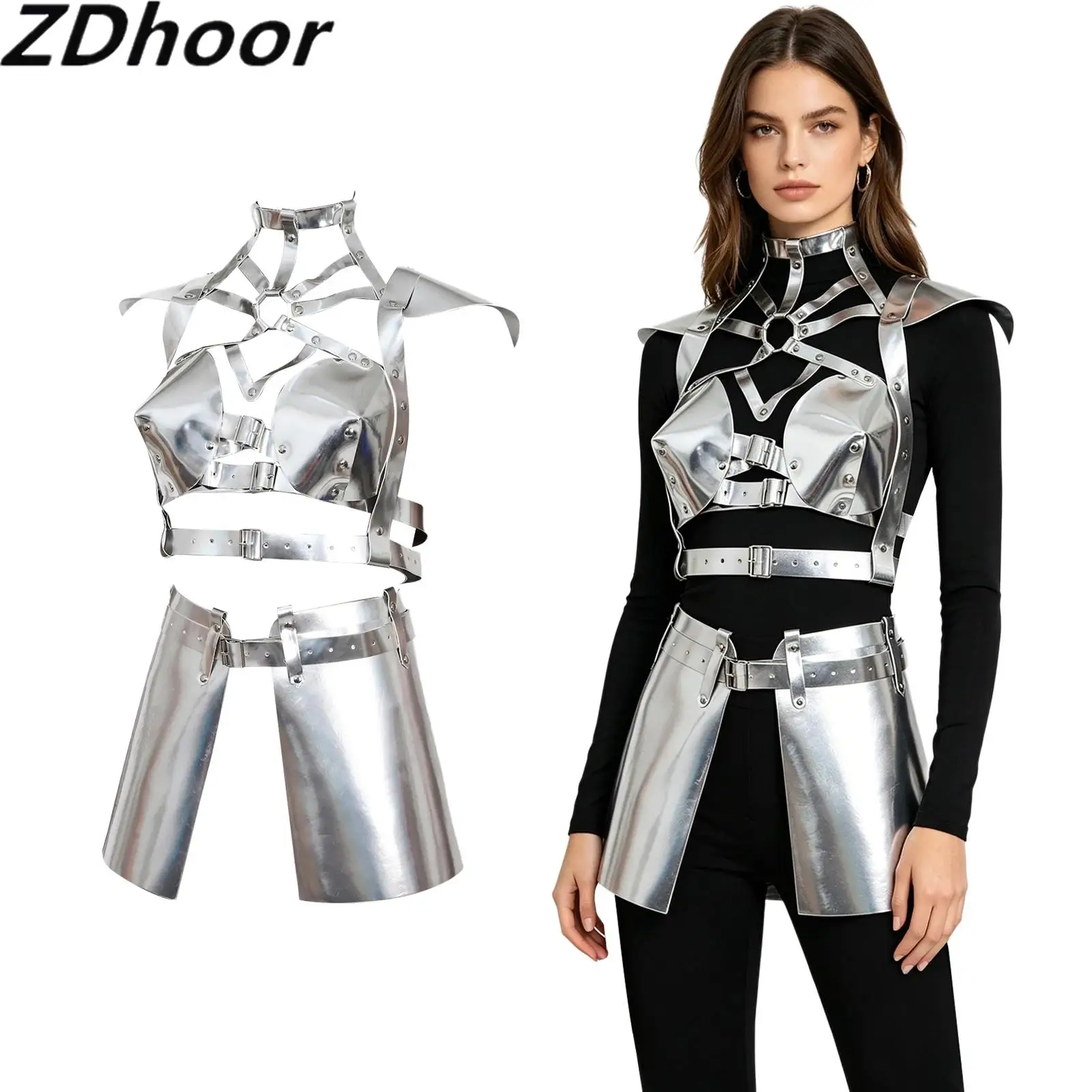 

2 Pcs Women Punk PU Leather Body Adjustable Suspender Leather Harness Top with Skirt for Halloween Party Cosplay Clubwear