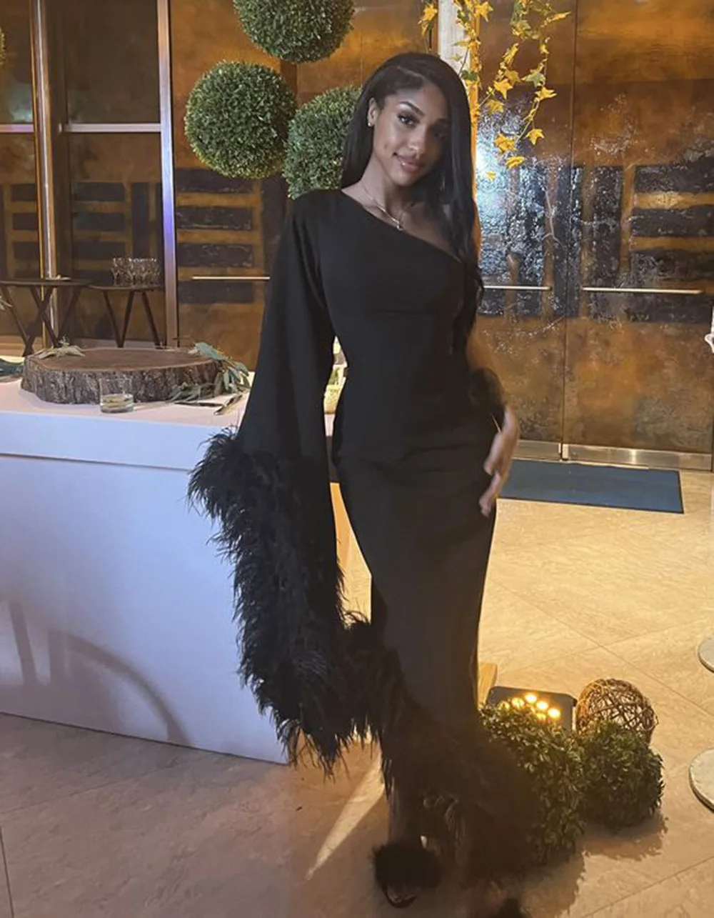 Crepe Black Evening Dresses Feathers Women Customized Mermaid Formal Occasion Prom Gowns Dinner Party Wedding Guest Dress