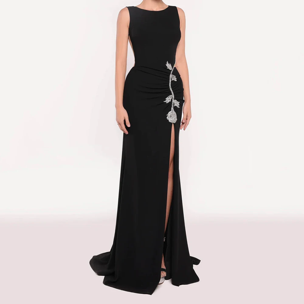 

Customized Mermaid Evening Dresses Floor-length O-neck Sleeveless Prom Gown Fashion Flowers Crystal Pleat Backless Party Gown