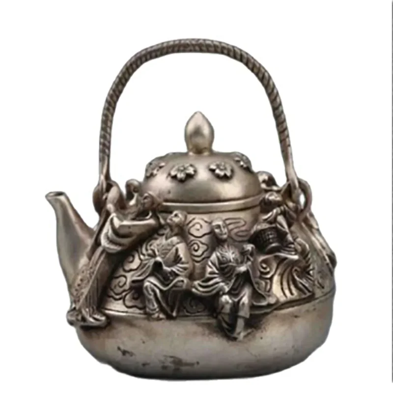 

DELICATE CHINESE SILVER COPPER HANDWORK CARVED EIGHT IMMORTALS TEAPOT