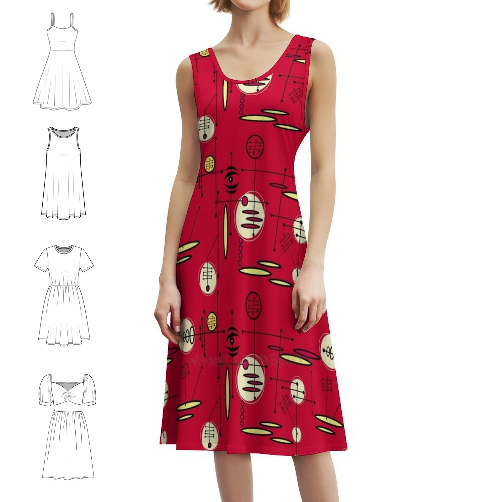 فستان حفلات أنيق للنساء بنمط ريترو رقم 46-أحمر مع خيارات قصيرة/طويلة/بدون أكمام في منتصف القرن #1