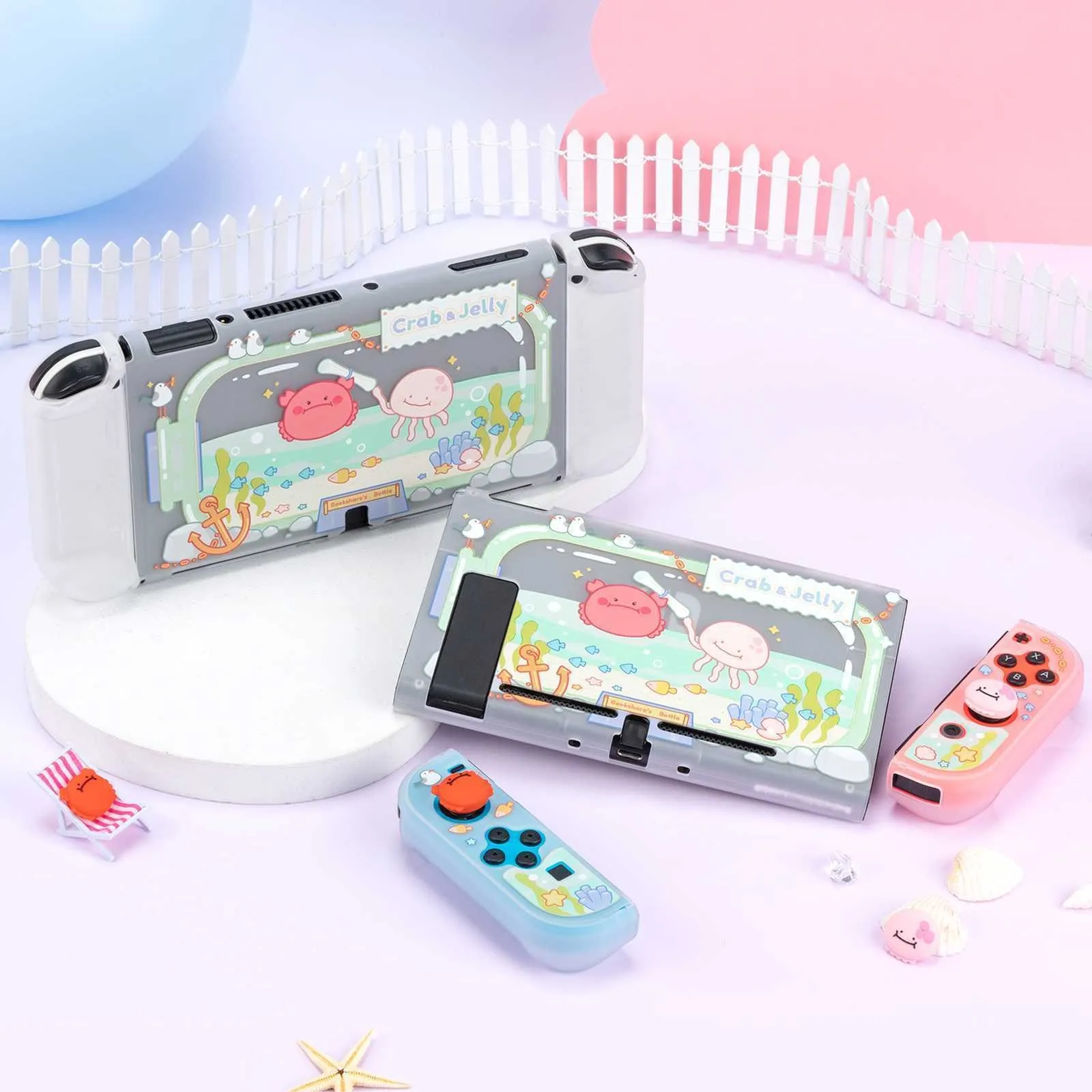 GeekShare-funda protectora de cangrejo y gelatina para Nintendo Switch, carcasa de JoyCon con temática Animal OLED, 4 tapas de agarre para el pulgar de piezas