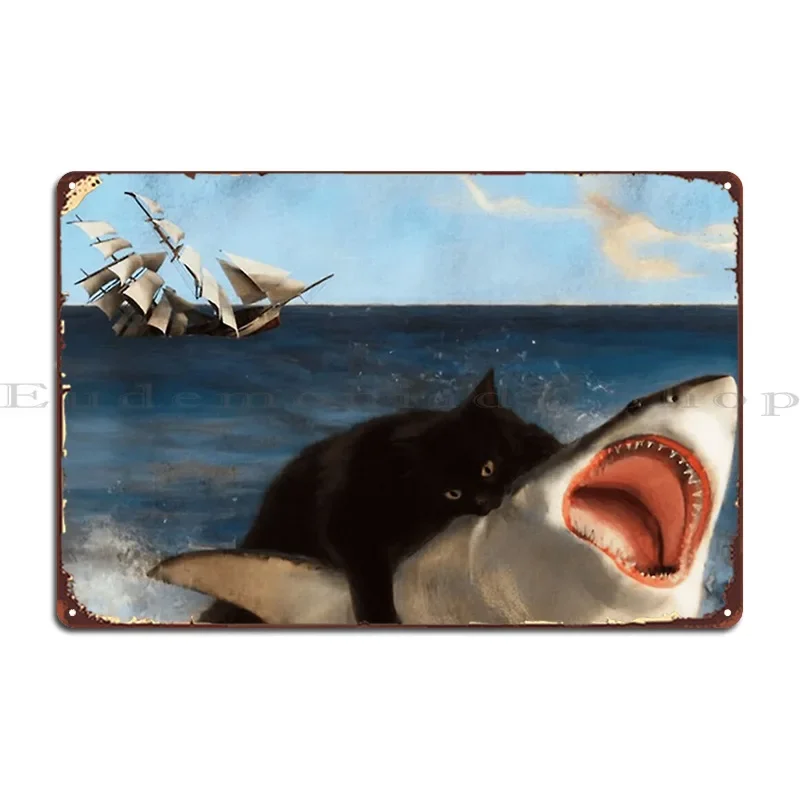 Black Kitty Attacking Great White Shark Nom Nom Metal Signs Pub Classic Iron  Designing Create Tin Sign Poster