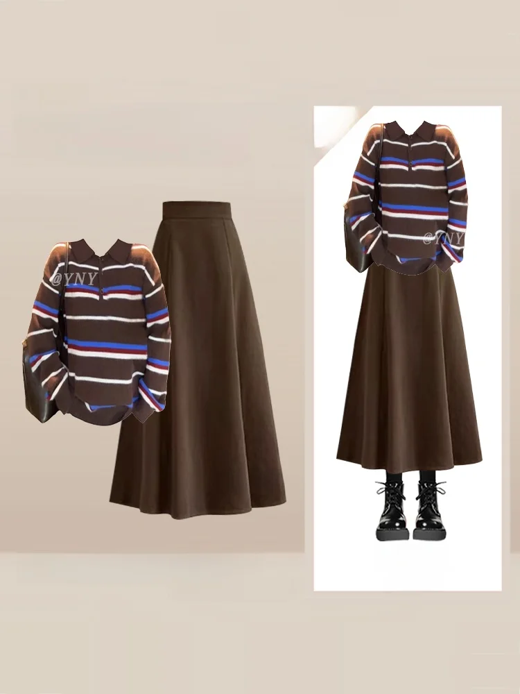 

Korean Retro Striped Sweater Skirt Two-Piece Set Women's Autumn Winter Slimming College Sle Faionable Two-Piece Set