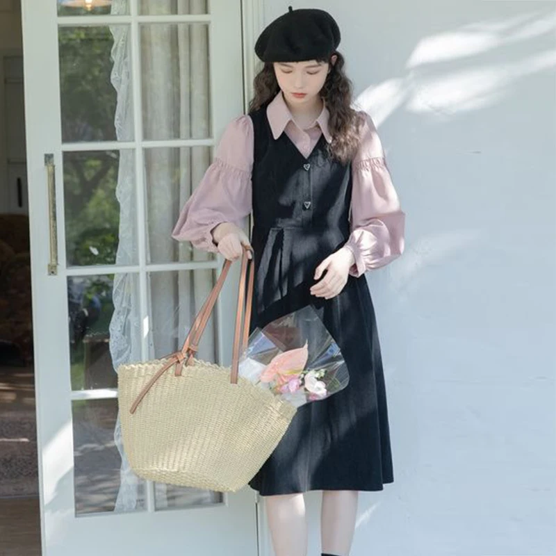 

Women's Black Two-piece Shirt Dresses Turn-down Collar Loose Preppy Style Dresses Female Casual Fashion Pullover A-line Dresses