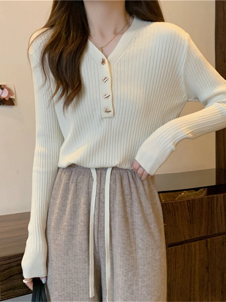 

Женская вязаная кофта с длинным рукавом и V-образным вырезом, базовый слой, большие размеры, зимняя внутренняя одежда, комфортная, мягкая, однотонная, для повседневной носки