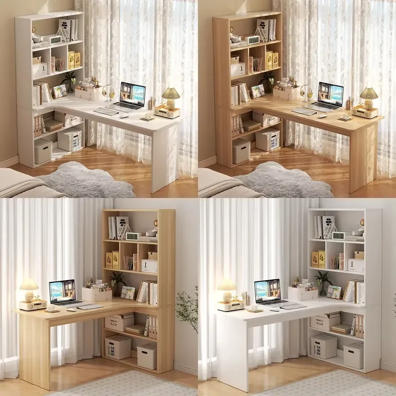 Modern Wooden Corner Desk with Integrated Bookshelf Lightweight Luxury Design for Bedroom Home Office Computer Workstation
