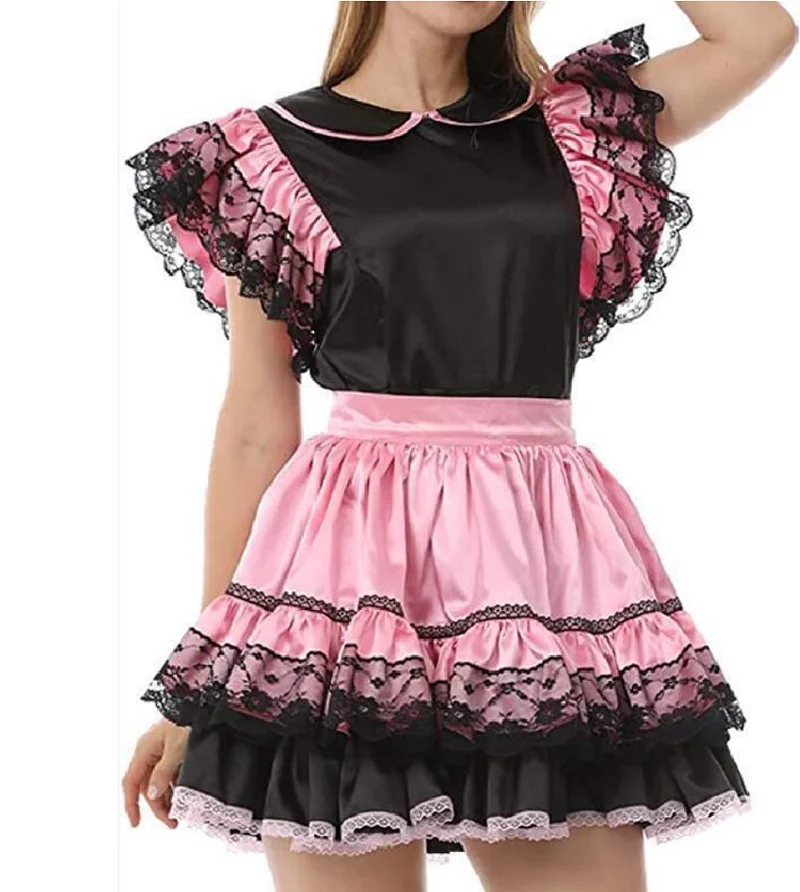 

Pink Patchwork Black Smooth Satin Doll Collar Shoulder Fluffy Sleeveless Dress Independent Apron White Lace Inlay