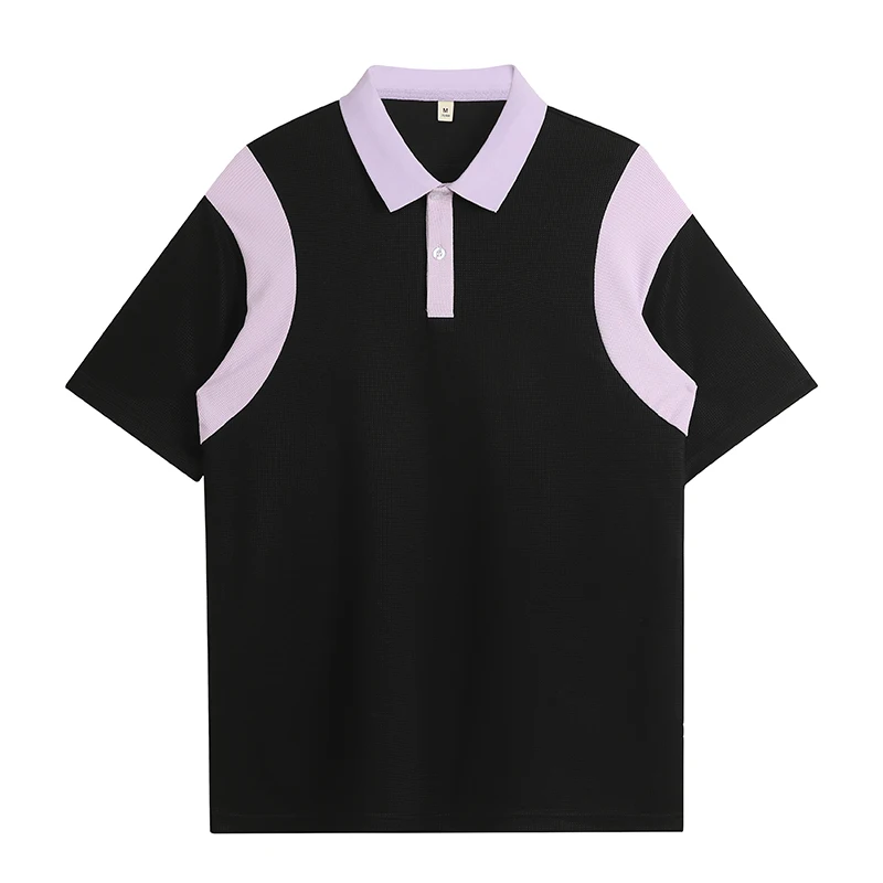 

Summer Men's Clothing Solid Turn-down Collar Pullover Button Patchwork Polo T-shirt Short Sleeve Office Lady Vintage Tops