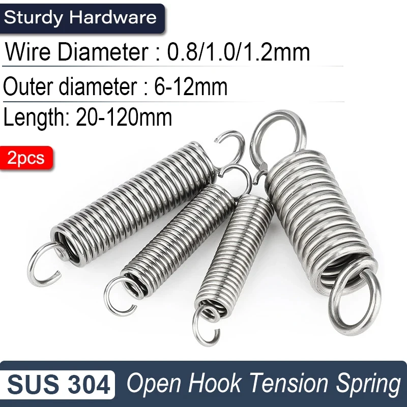 2pcs Stainless Steel Open Hook Tension Springs 0.8mm 1.0mm 1.2mm High Strength Easy Installation