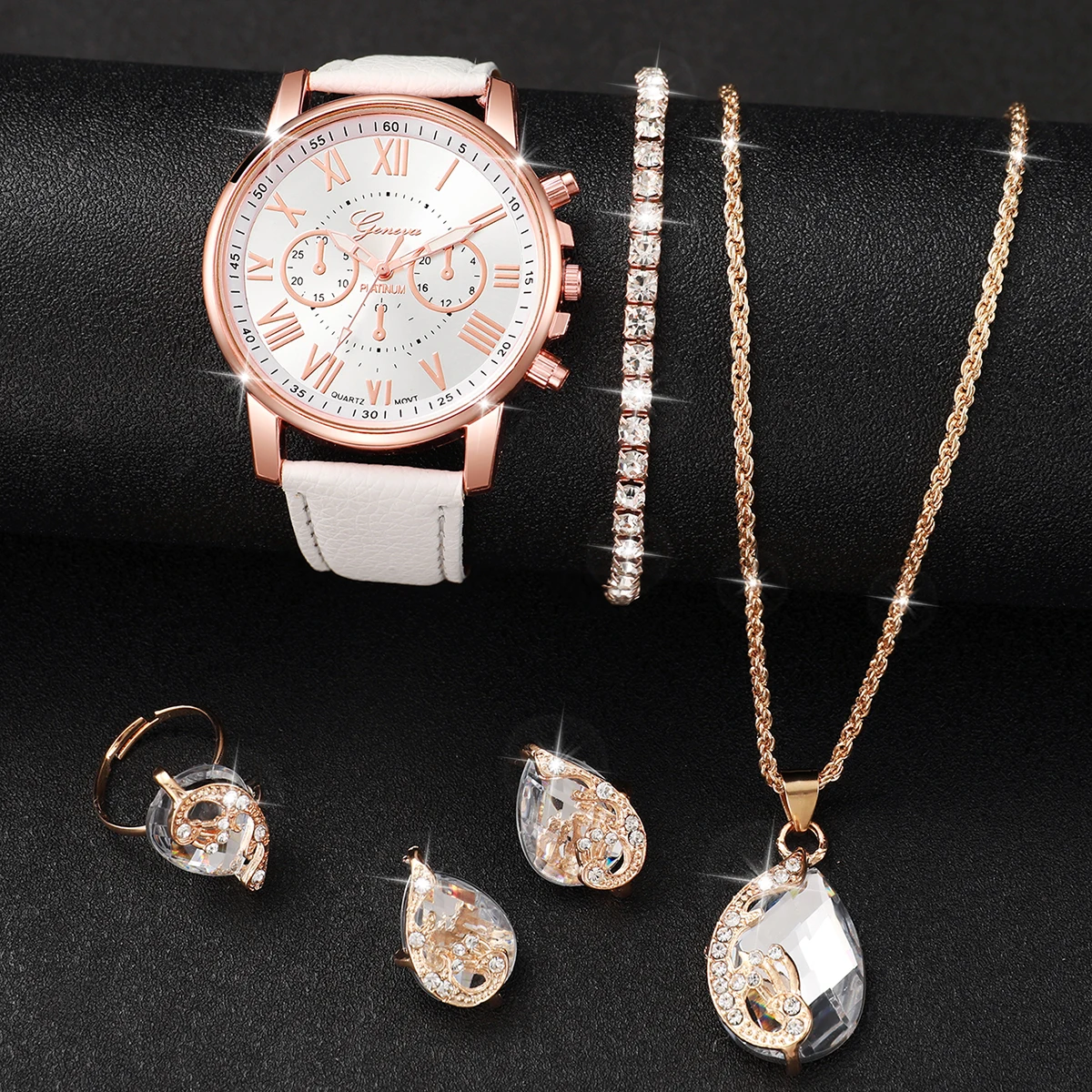 6PCS/Set Women's Watch Fashion Roma Dial Leather Band Quartz Watch Rhinestone Jewelry Set（Without Box）