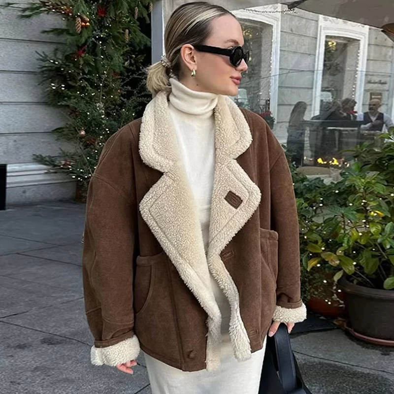 French Vintage Lamb Wool Women Coat Patchwork Full Sleeve Lapel Parka Coat Loose Winter Warm Jacket Thicken Pocket Lady Overcoat