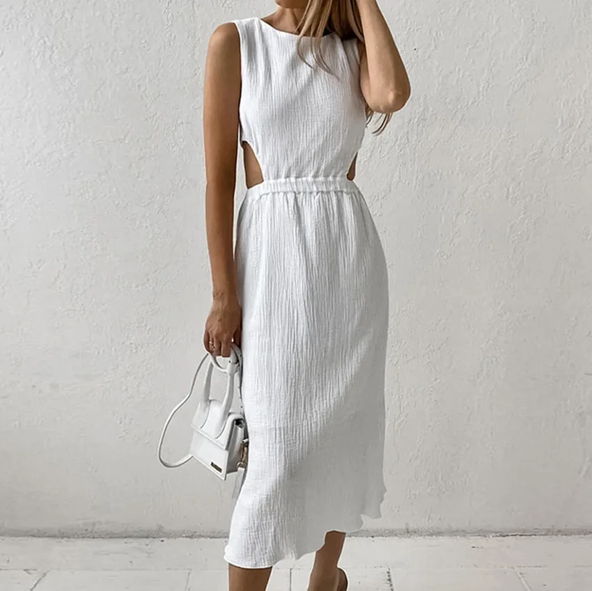 

Women Clothes Hollow Out Design Solid Color All Match Dress 2024 Spring and Summer New Girls Fashion Elegant Sleeveless Skirt