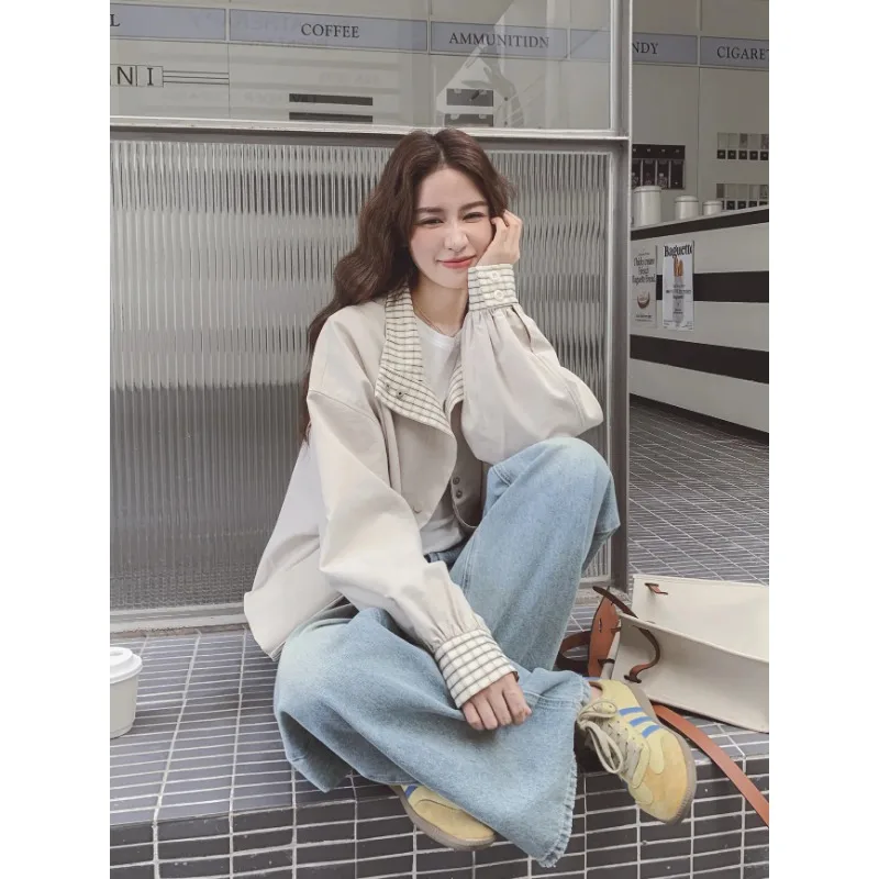 

Белоснежный корейский стиль, клетчатая строчка, модная простая куртка, женская универсальная тонкая повседневная куртка, топ