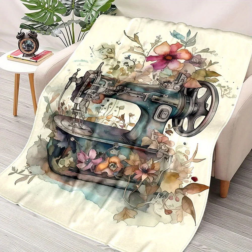 

Vintage Floral Sewing Machine Print Flannel Throw Blanket – Contemporary All-Season Reversible, Soft Non-Woven Polyester, Digita