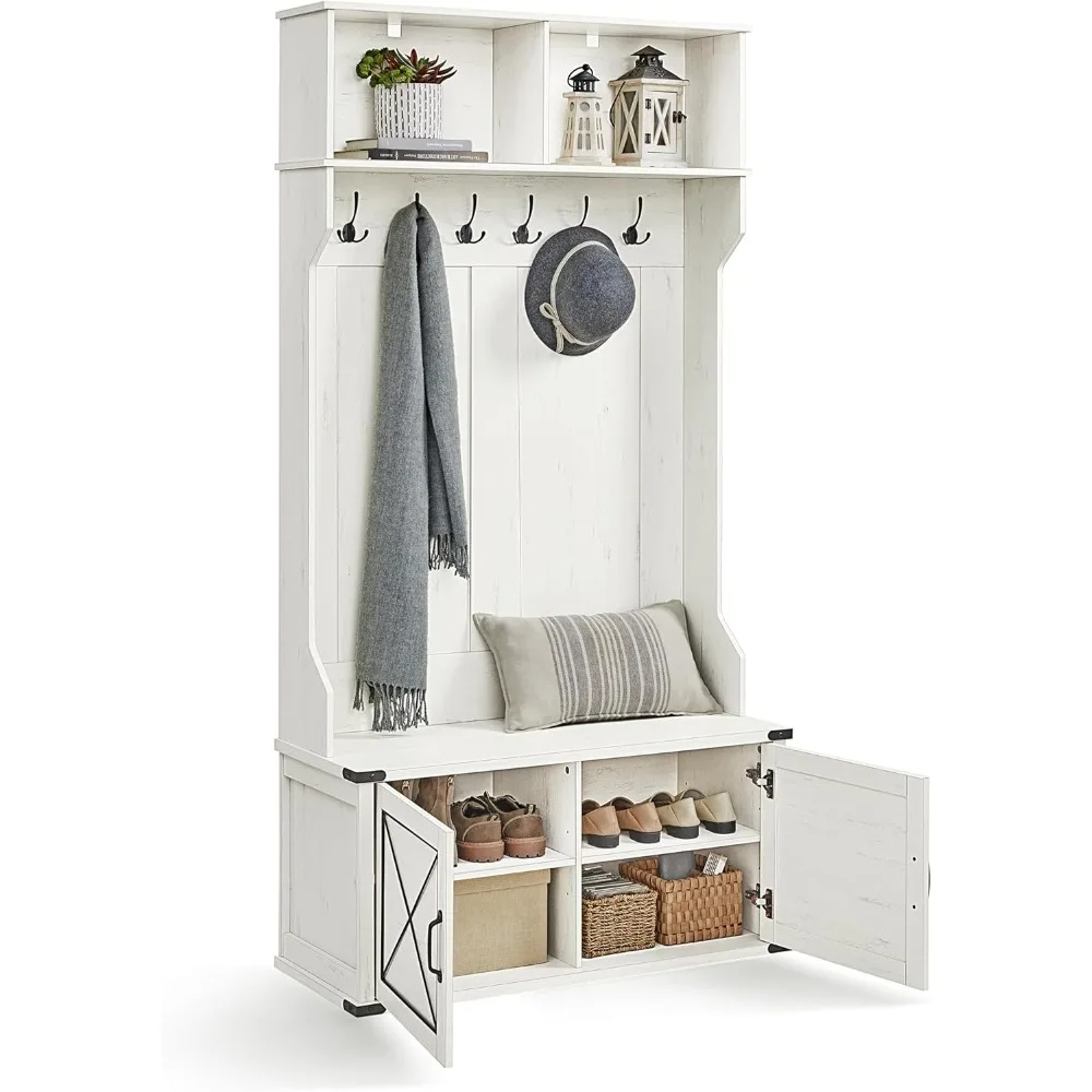 Hanger shoe cabinet with shoe stool, 2 open compartments, 6 triple hooks, entryway, space saving, white