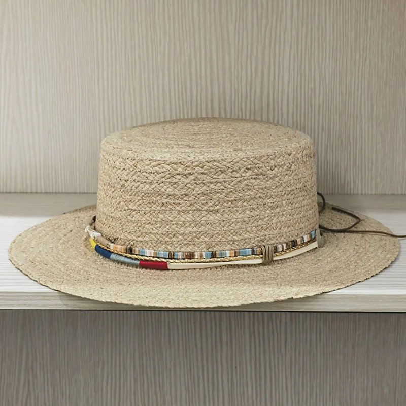 Women Boater Hats Boho Style Flat Top Shell Pompom Straw Hat Band Sun Hat Party Derby Hat Beige Raffia Wide Brim BeachHat