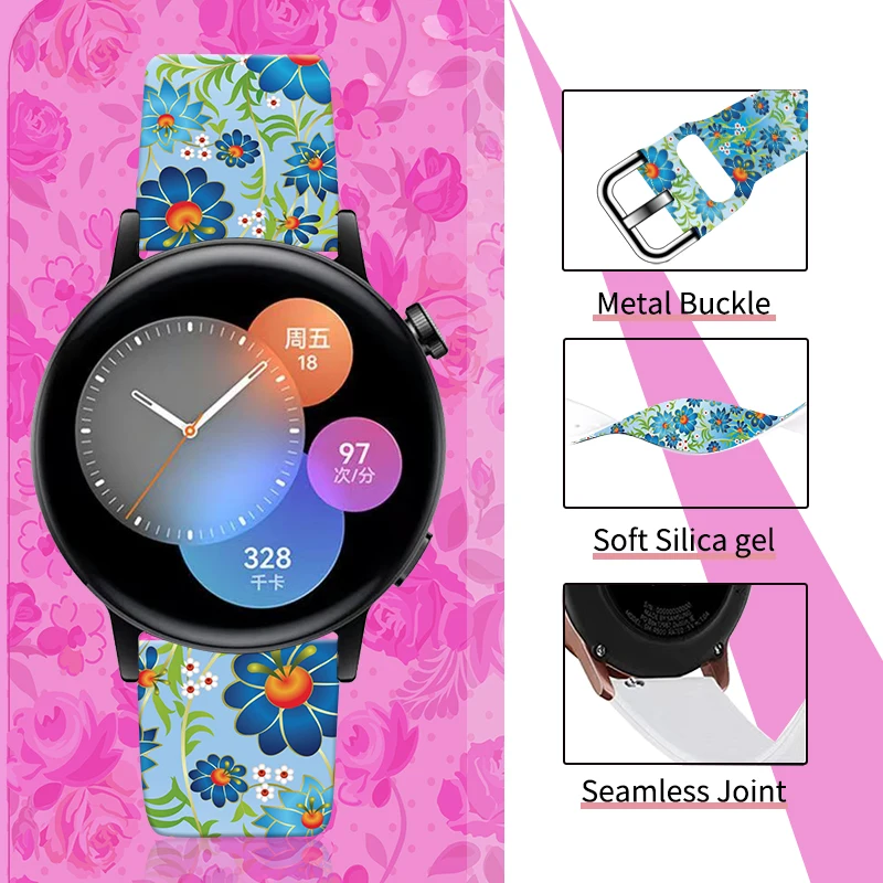 20mm Flower Printed Strap for Samsung Galaxy Watch 6/5 40mm 44mm Sport Band Replaceable Bracelet 22mm for Amazfit Balance 5Pro