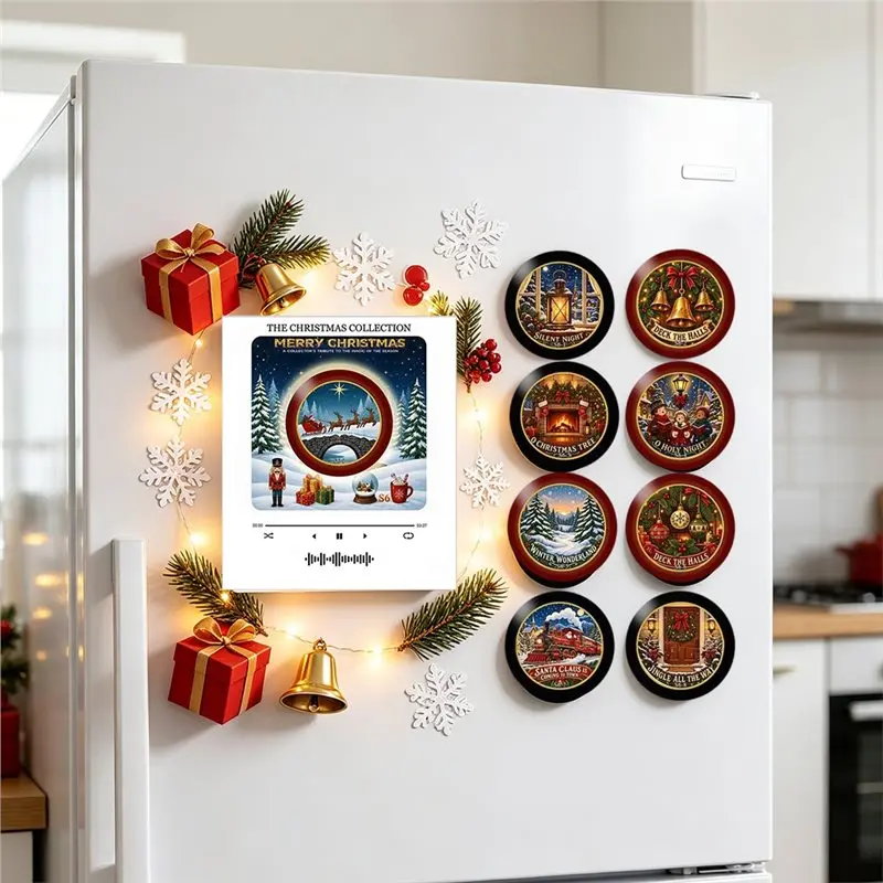 GOOD-Xmas Magnetic Music Fridge Magnet Christmas Night Light Touch To Play Vinyl Record Player Fridge Magnet Built-In LED