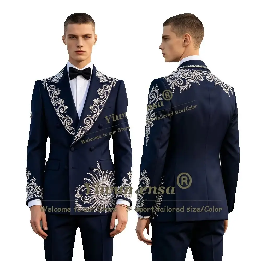 Crystals Beading Handmade Suits Men Slim Fit 2 Piece Sets Trajes De Novio Para Boda Customized Man Formal Wear Party Tuxedo Suit