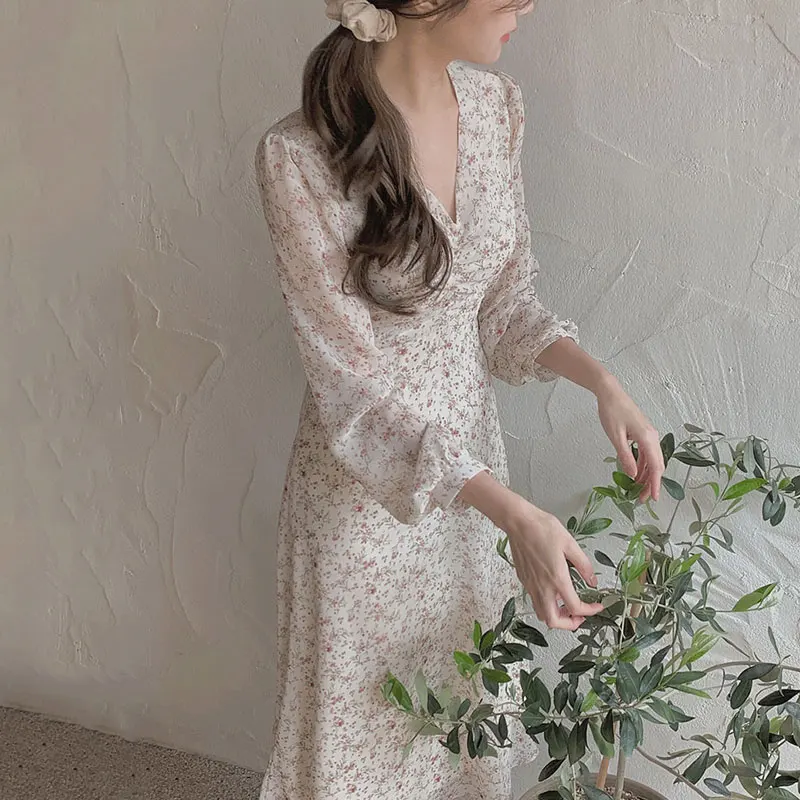 E Vestido Largo de Gasa con Cuello en V y Pliegues en la Cintura para Otoño, Vestido Largo de Estilo Coreano con Estam...