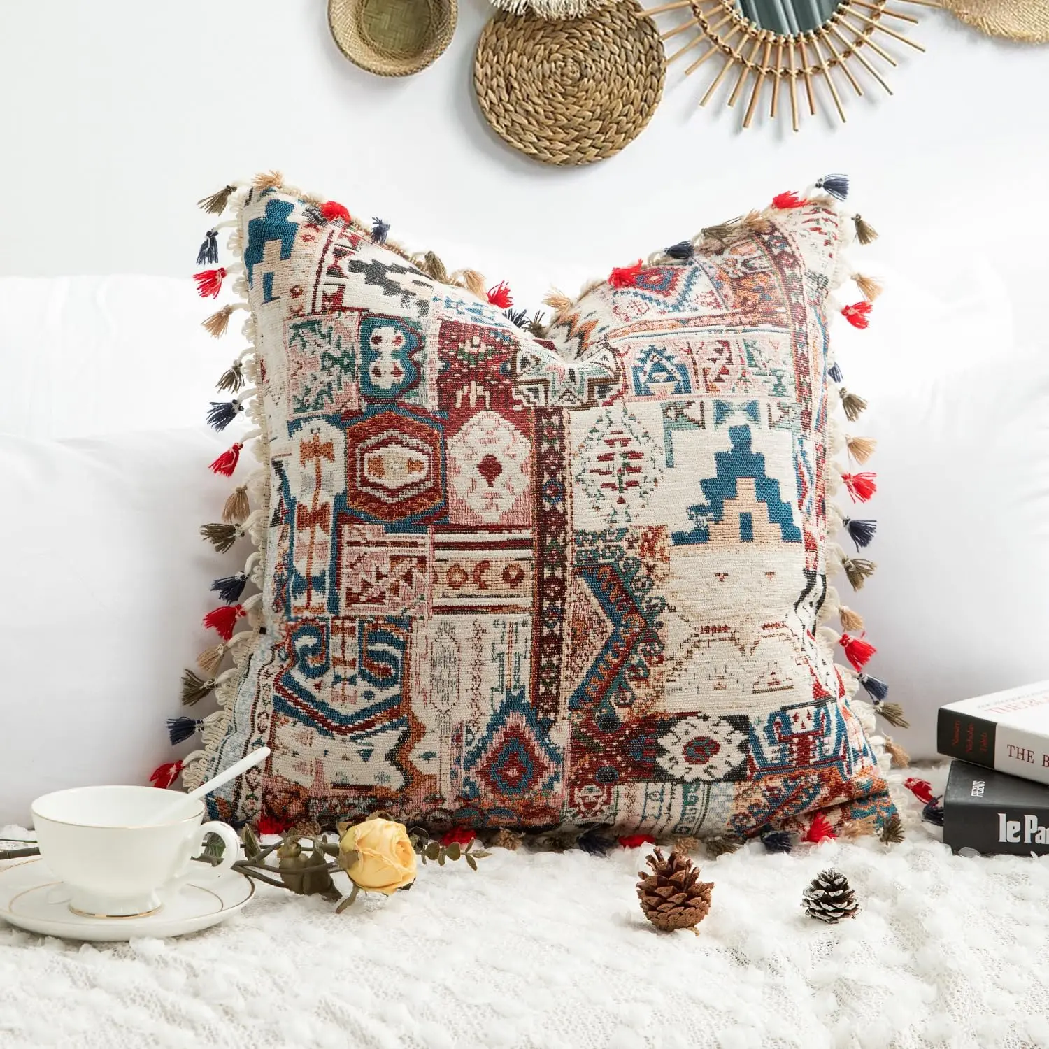 Bohemian Pillow Cushion Cover Geometry Embroidered Tassel Pillowcase Living Room Sofa Christmas Home Decor Customized 45x45cm