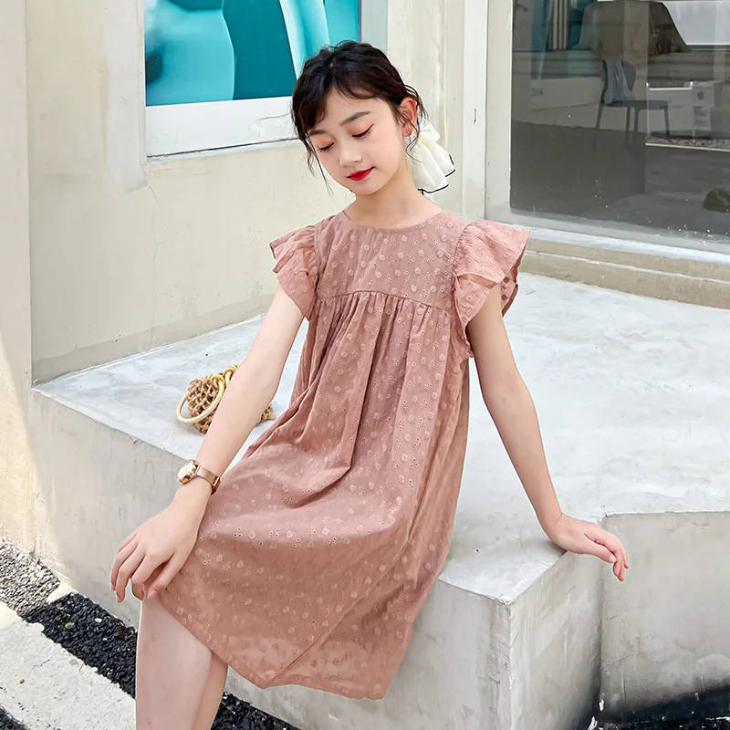 JUCPKID Korean Summer Children Girl Dress Teenager Girl Lace Sleeves One-piece Dress School Girl Princess Dress Cotton Dress