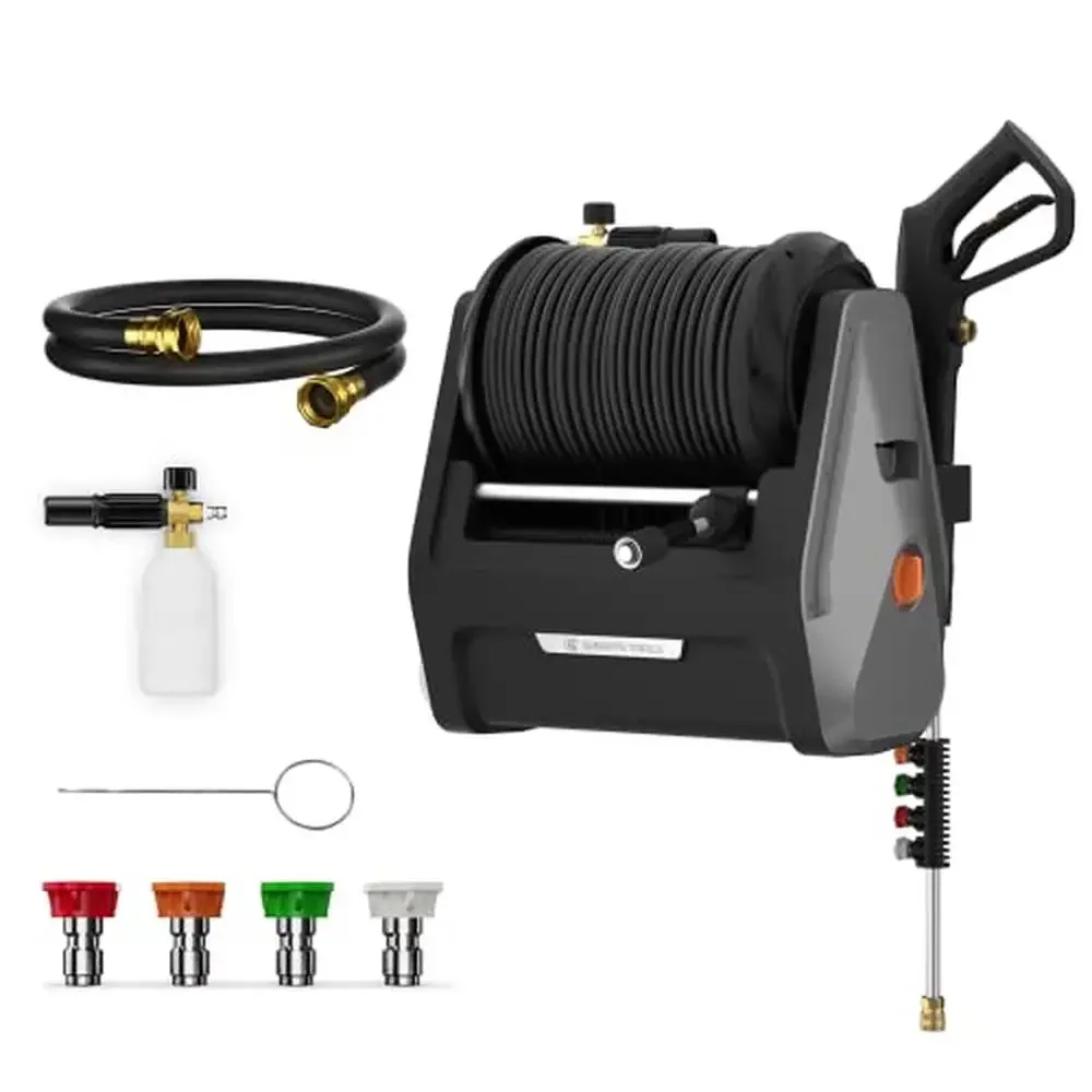 

Electric Wall Mounted Power Washer with 100FT Retractable Hose Soap Tank and 4-Nozzle Set Total Stop System Time-Saving Cleaning